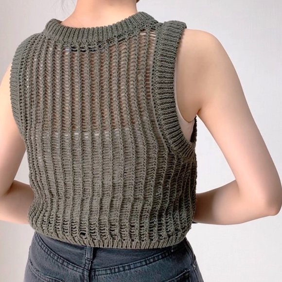 Olive Green Crochet Sweater Knit Top - Picture 3 of 10